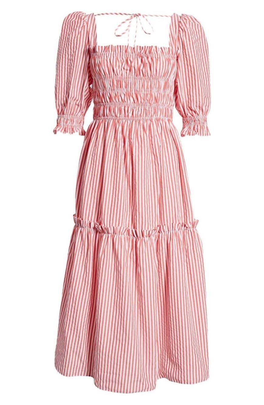 TOPSHOP Striped Poplin Tiered Midi Dress In Red Size 8 Smocked A Line